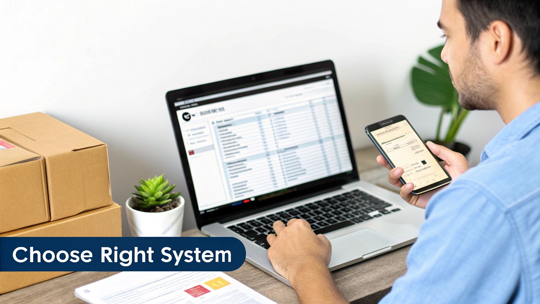 Best Field Management Software Tackon FSM in Small Business Inventory Control System A Path to Higher Margins 4 A man uses a laptop and smartphone for business management, with shipping boxes on the desk.