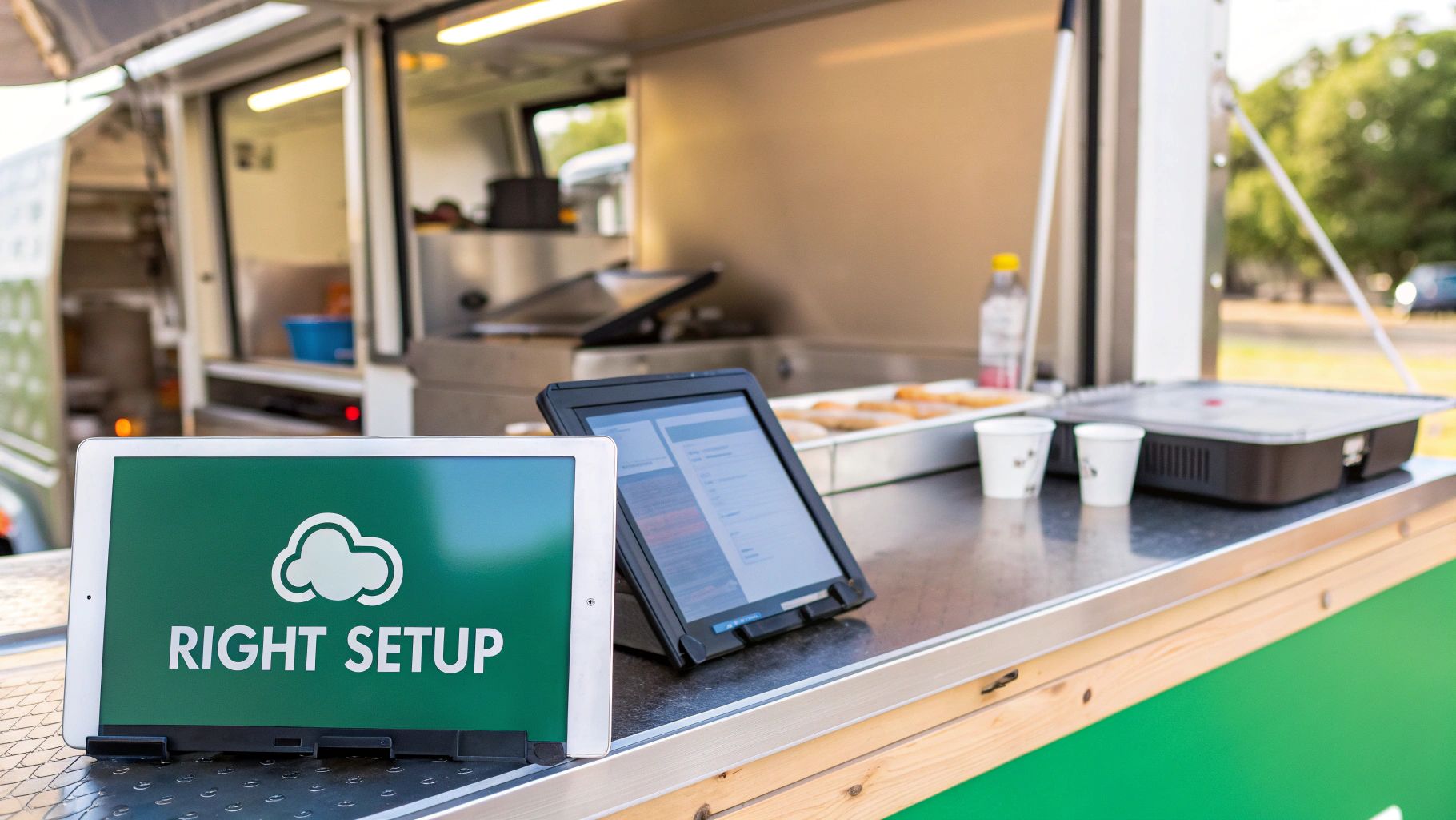Modern food truck counter featuring two tablets, one for branding and one for point of sale.