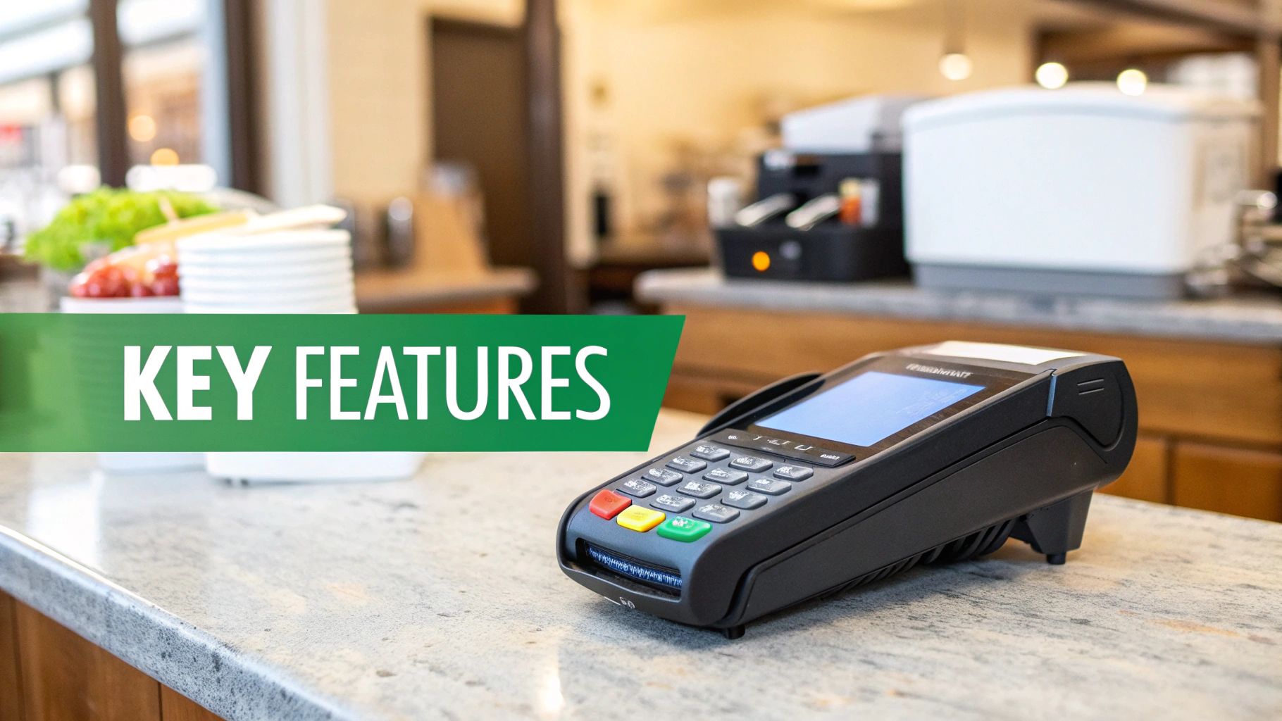 A black mobile credit card terminal on a speckled counter, with a 'KEY FEATURES' banner.