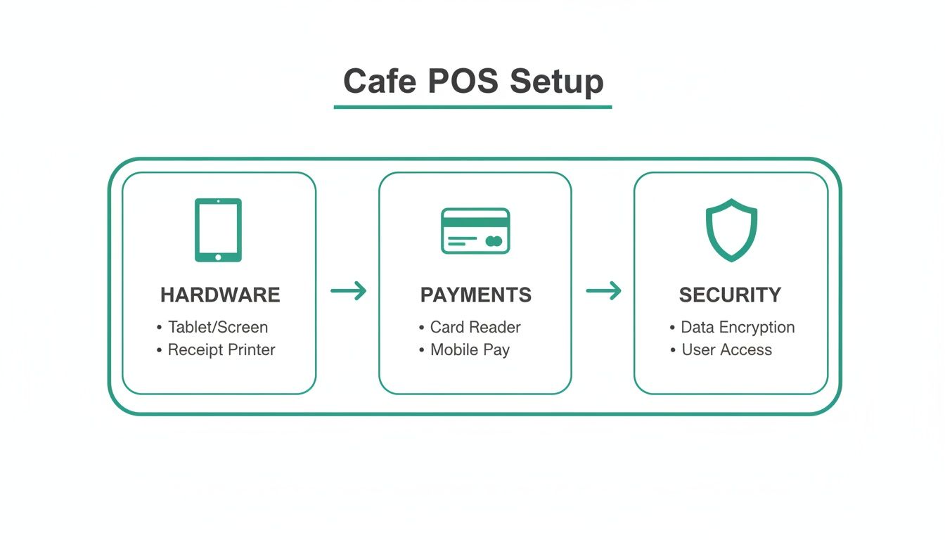 A flowchart showing a cafe POS setup, detailing hardware, payment methods, and security features.