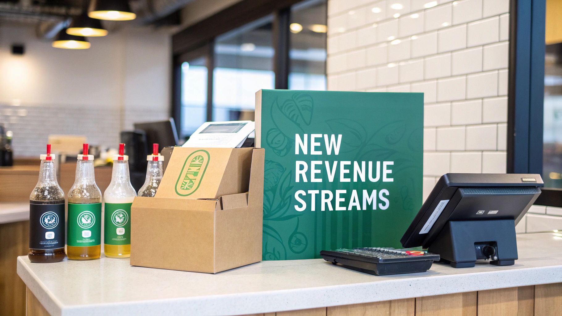A counter display featuring beverage bottles, cardboard boxes, a POS system, and a sign for 'New Revenue Streams'.