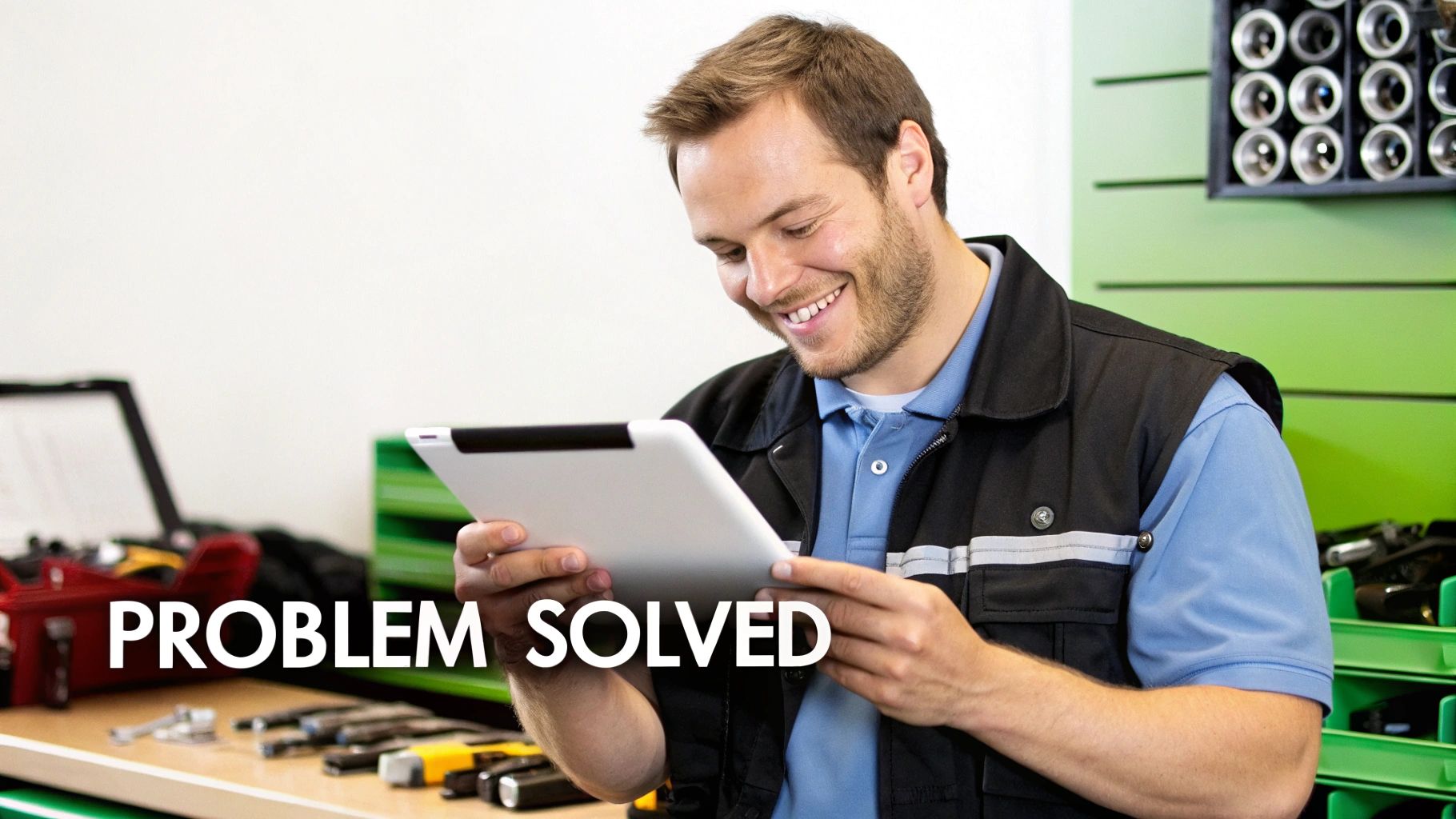 A smiling service technician in a blue polo and black vest uses a tablet in a workshop, surrounded by tools and organized bins, indicating a solved problem with efficiency.