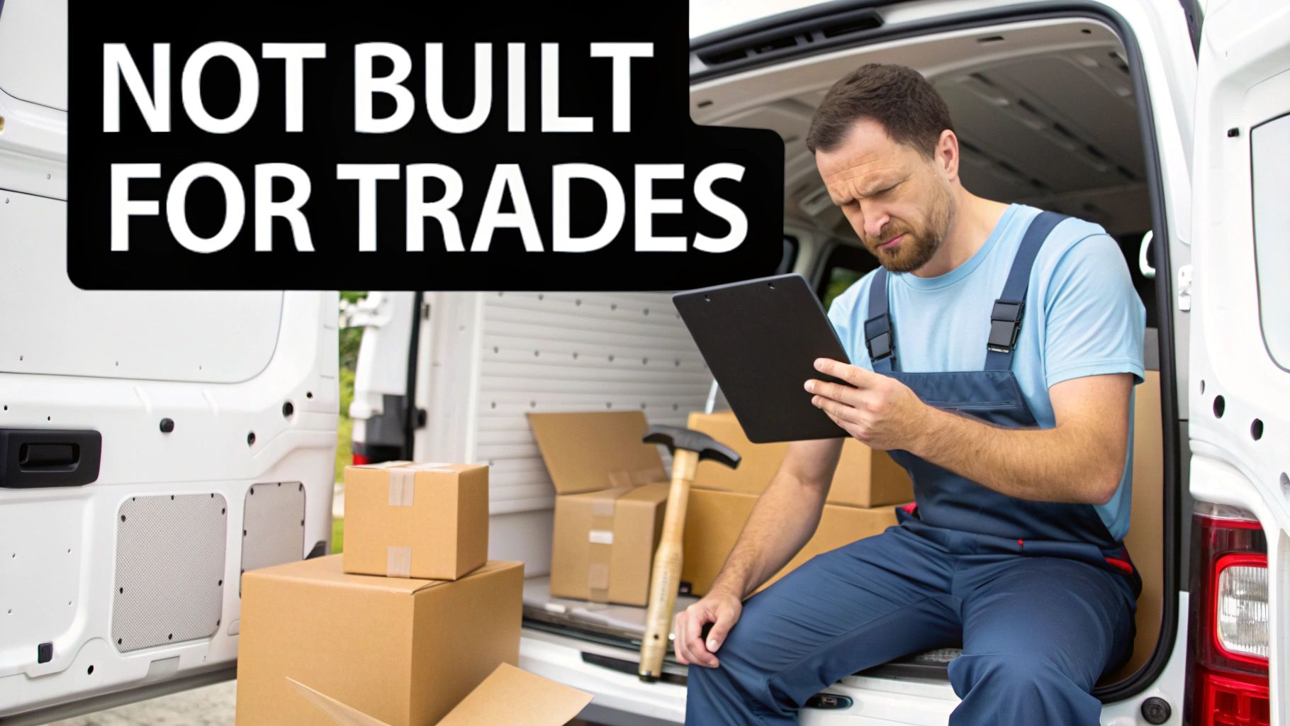 Best Field Management Software Tackon FSM in A Guide to Small Business Inventory Management Software for Trades 2 A man in work overalls sits in a van filled with boxes, reviewing a clipboard, with text 'NOT BUILT FOR TRADES'.