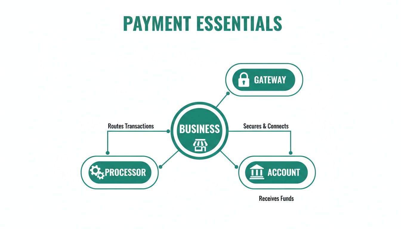 A diagram illustrating payment essentials: Business at the center connected to a processor, gateway, and account.