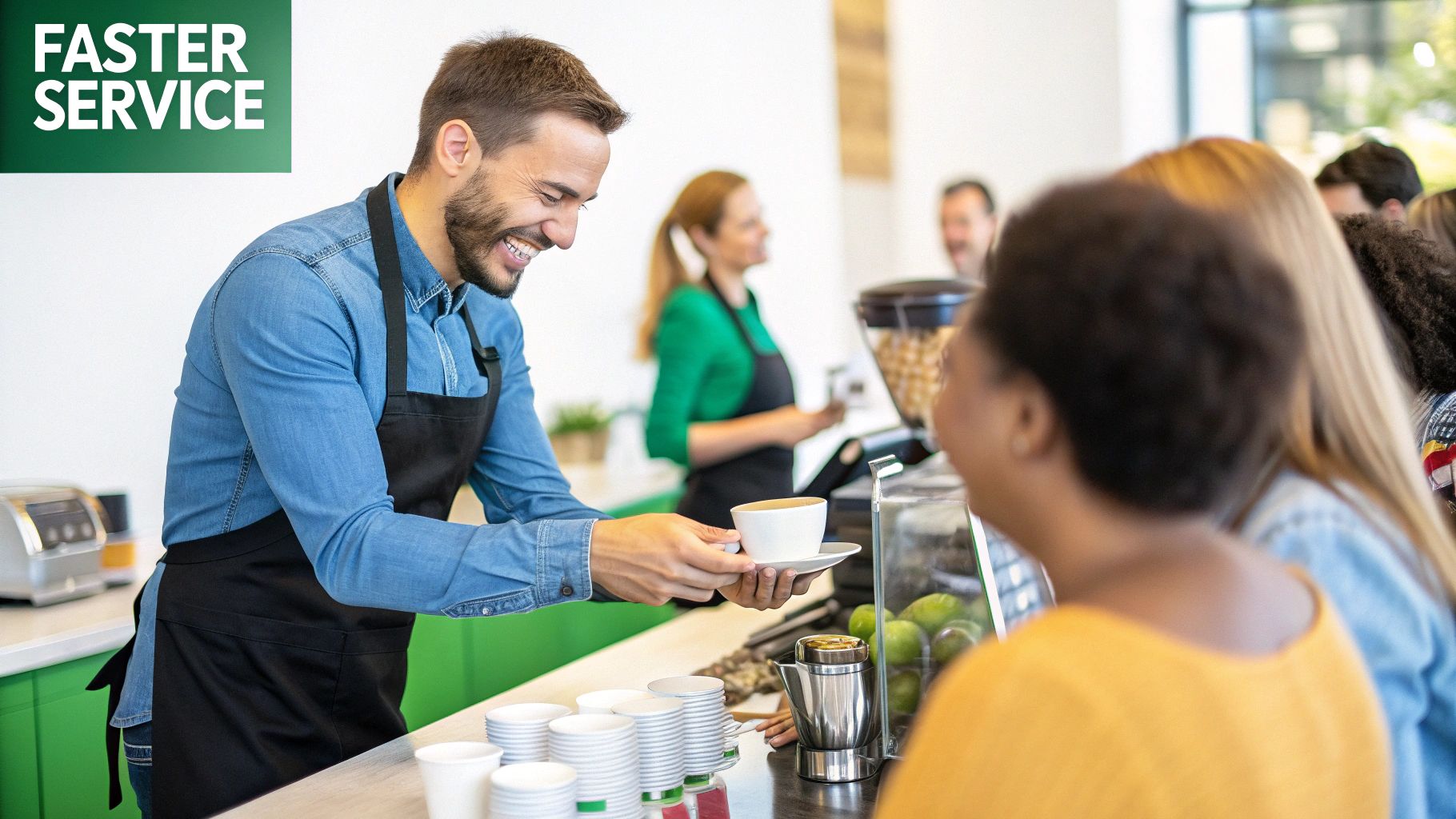 A smiling barista serves coffee to a customer in a bustling cafe, promoting faster service.