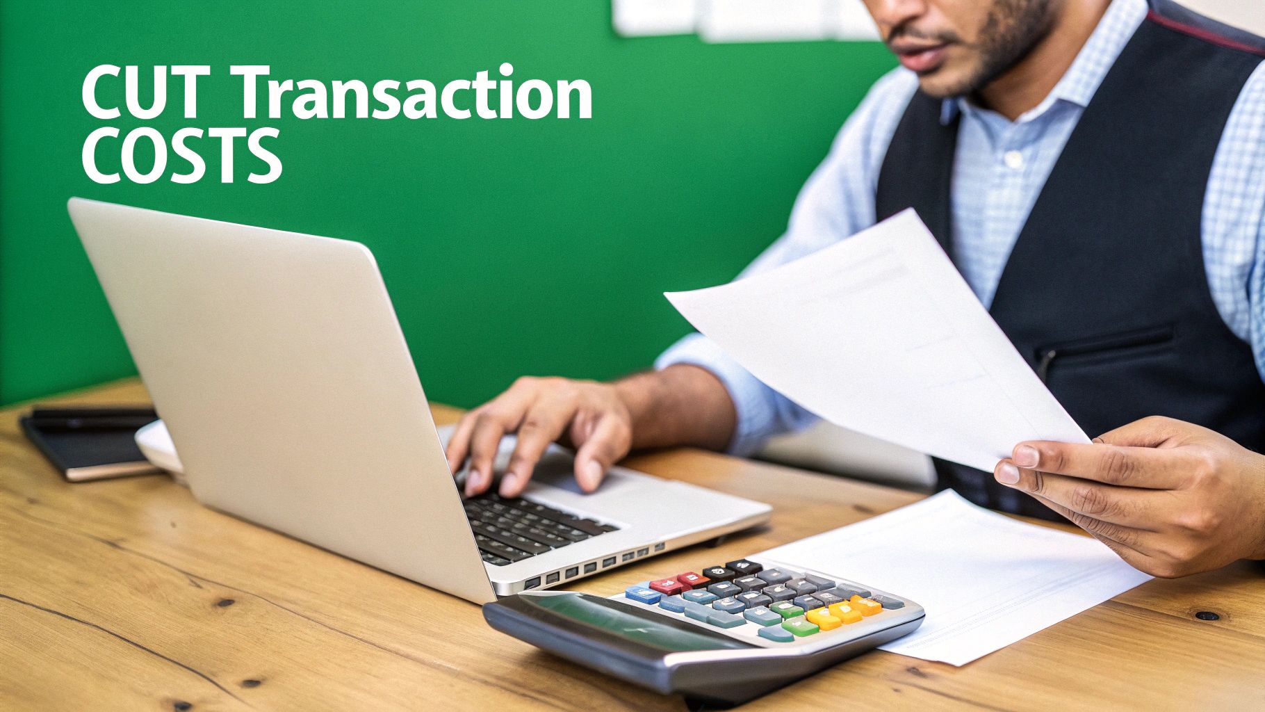 Man calculating finances with a laptop and reviewing documents, focusing on cutting transaction costs.