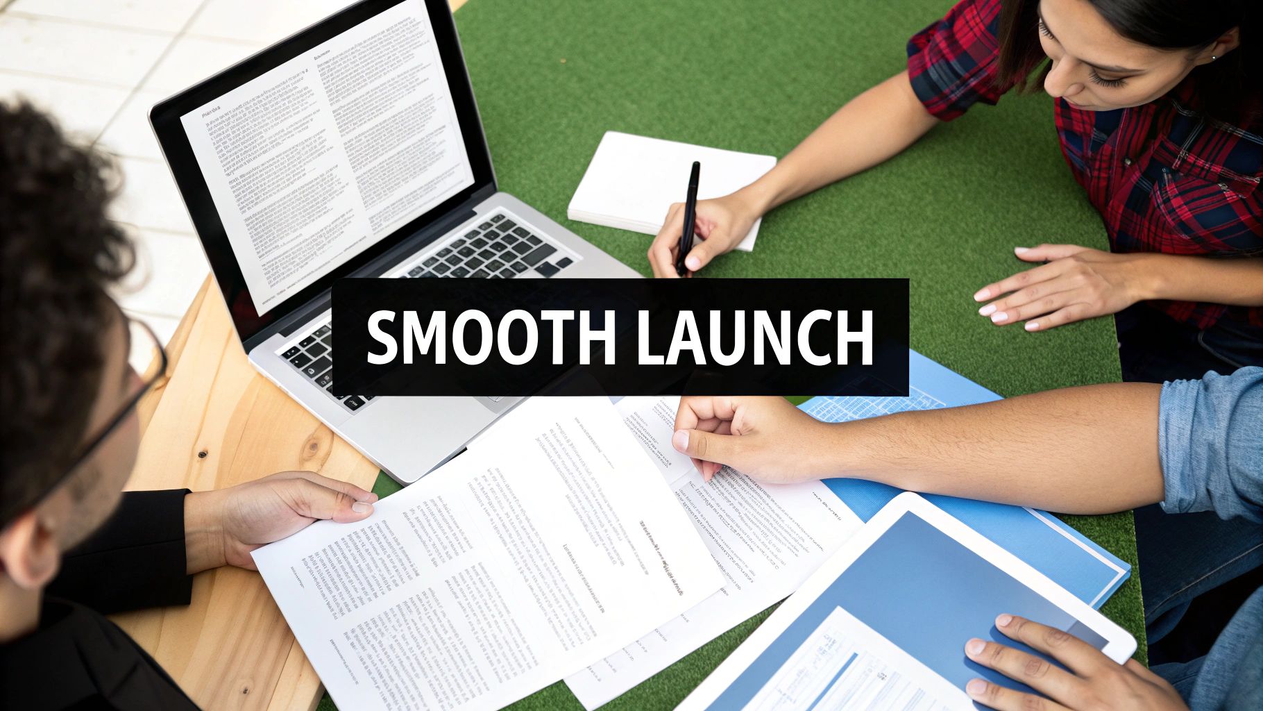 Three colleagues collaborate on a project with a laptop, documents, and a tablet on a green surface.