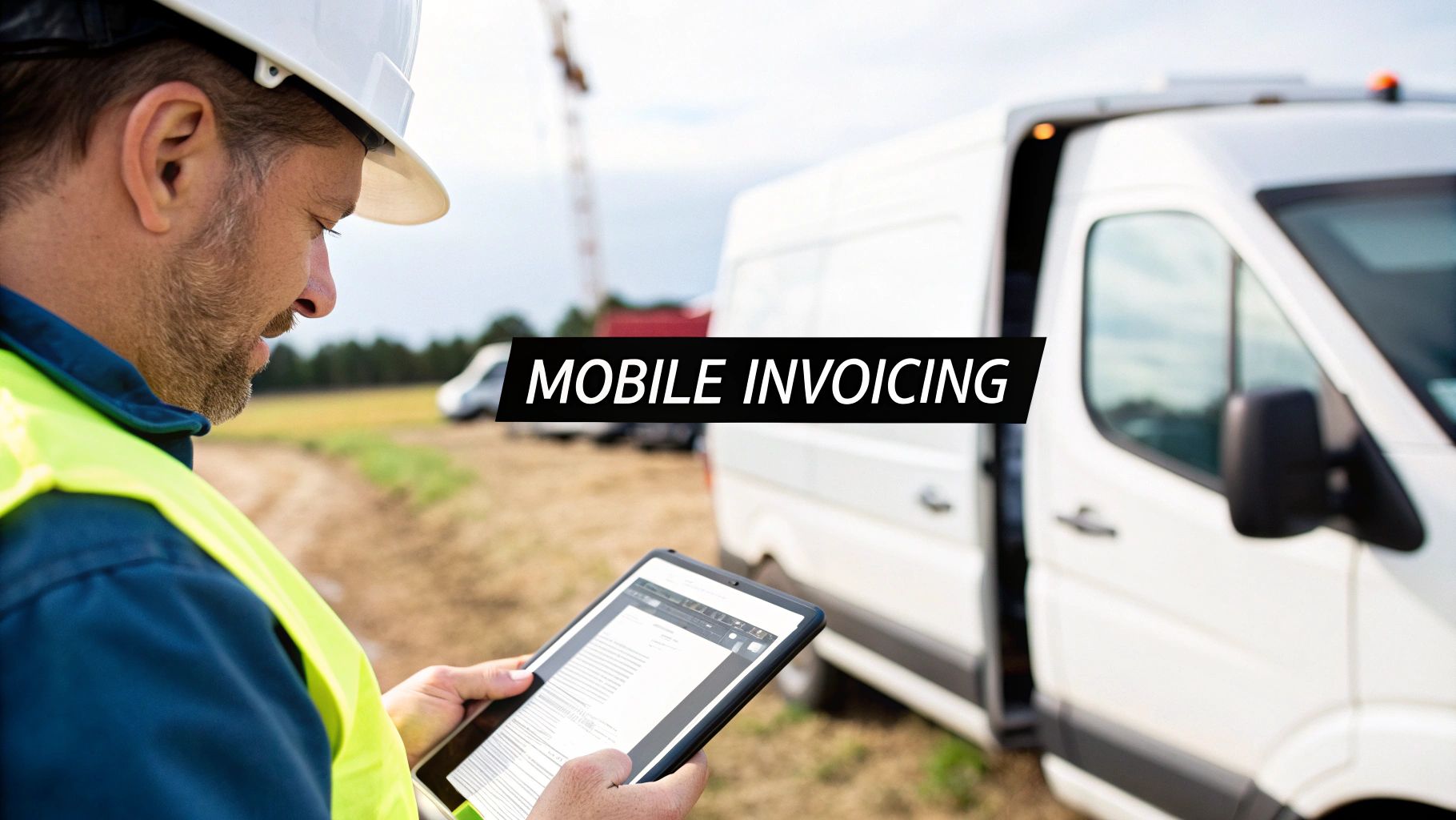 A construction worker in a hard hat and vest uses a tablet for mobile invoicing near a white van.