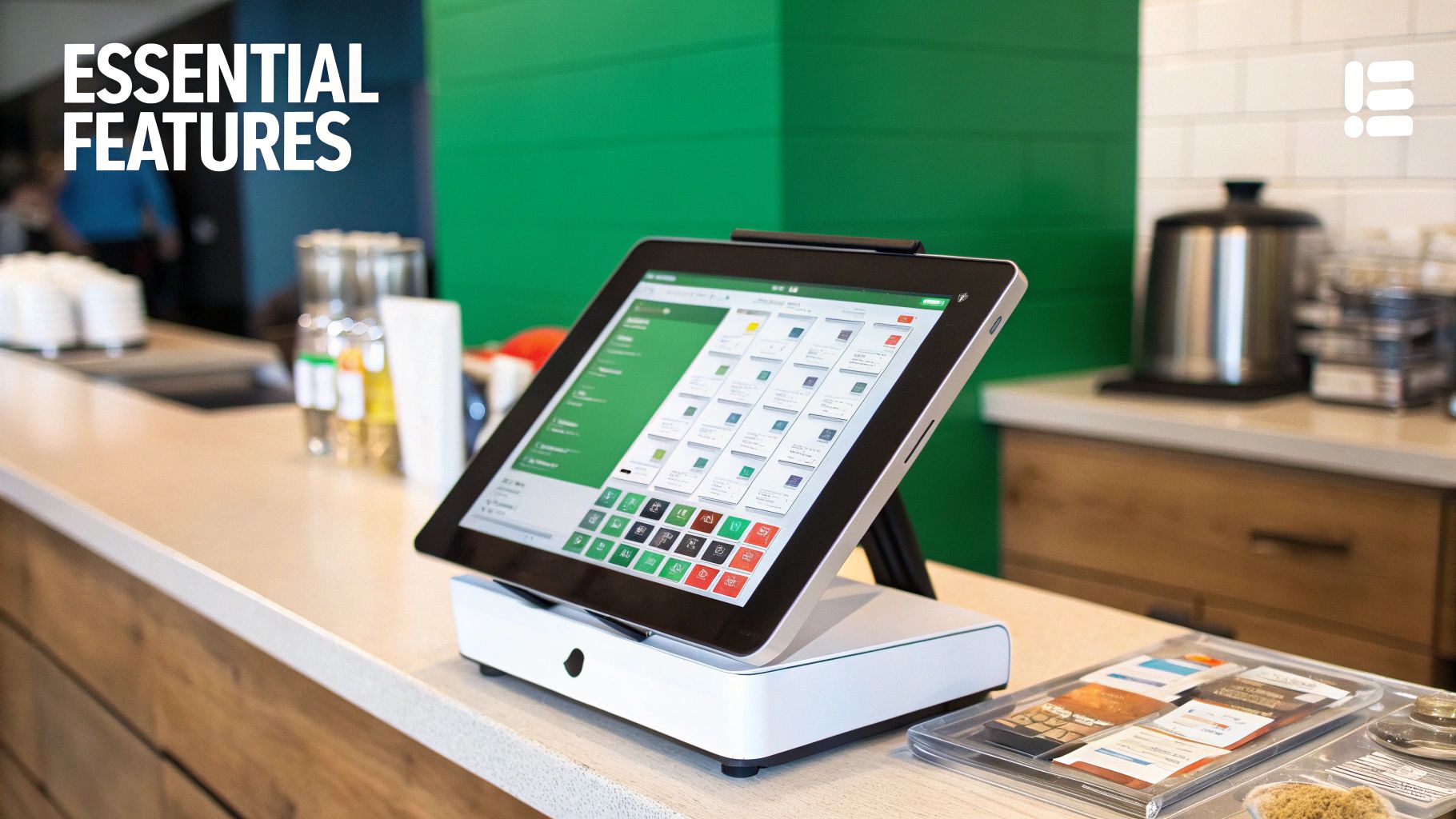 A modern iPad point-of-sale system sits on a clean restaurant counter with a green wall.