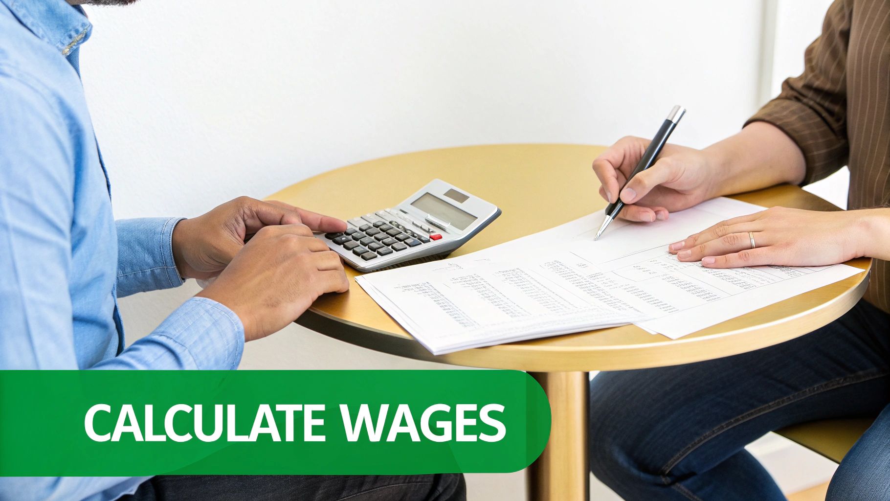 Two people calculating wages and finances, one using a calculator and the other writing on papers.