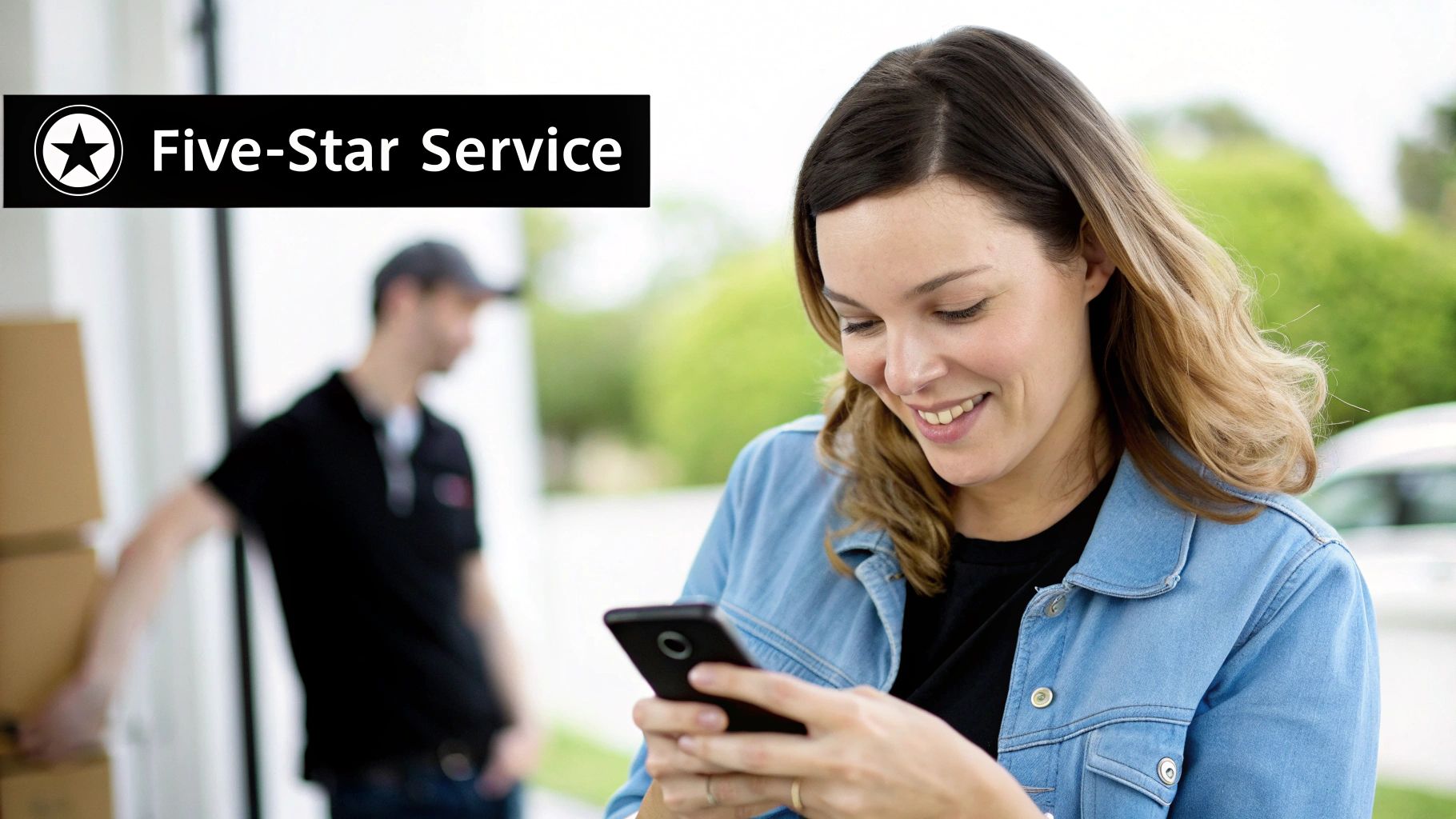 Best Field Management Software Tackon FSM in benefits of field service management software: Drive efficiency and growth 3 Smiling woman on her phone, with a service worker and boxes in the background, highlighting five-star service.