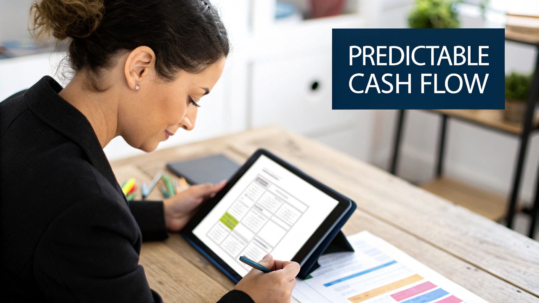 A professional woman reviews financial data on a tablet with a 'Predictable Cash Flow' overlay.