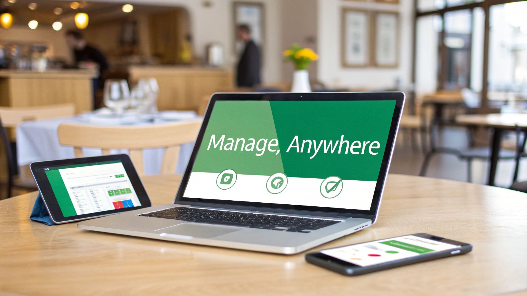 Laptop, tablet, and phone showing 'Manage, Anywhere' software for restaurant business reporting.