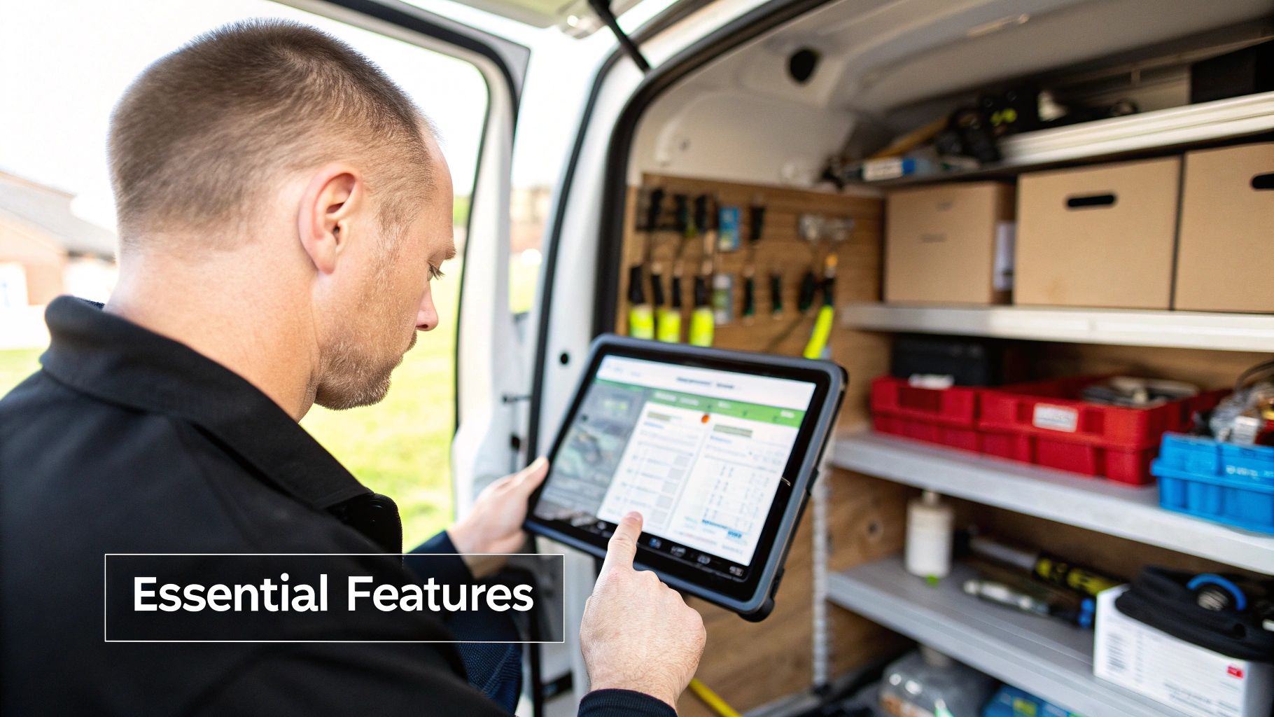 A field service technician uses a rugged tablet with dispatch software inside a work van, managing tasks.