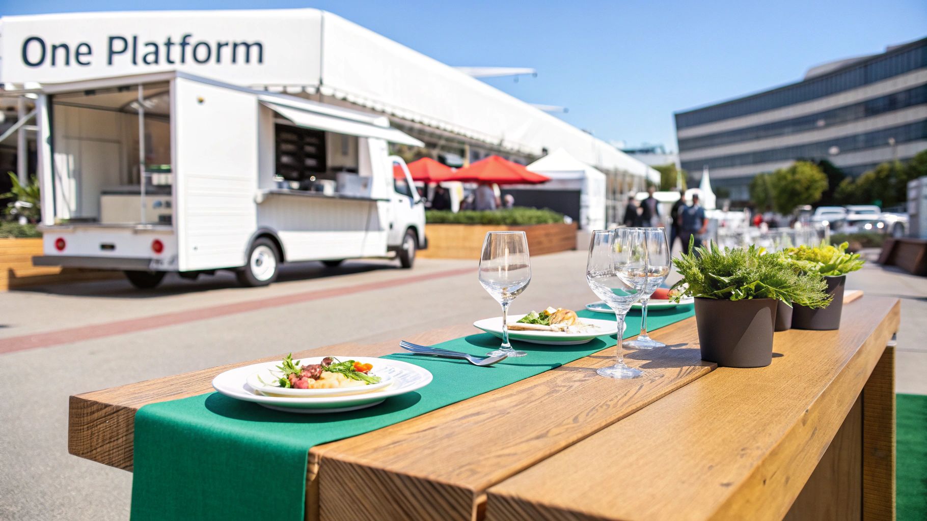 Outdoor restaurant dining setup with wooden table, wine glasses, plated meals and food truck