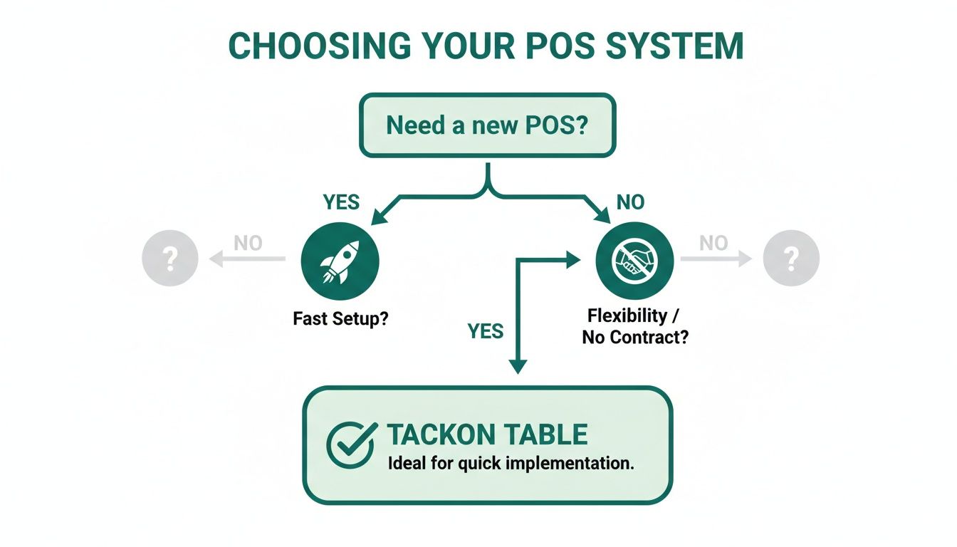 Flowchart for choosing a POS system, guiding users based on setup speed and contract flexibility.