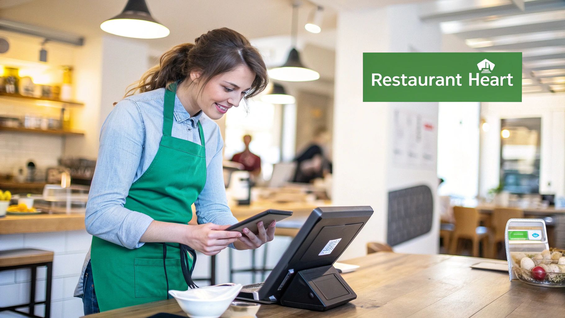A smiling waitress uses a tablet and a modern POS system in a bright restaurant.