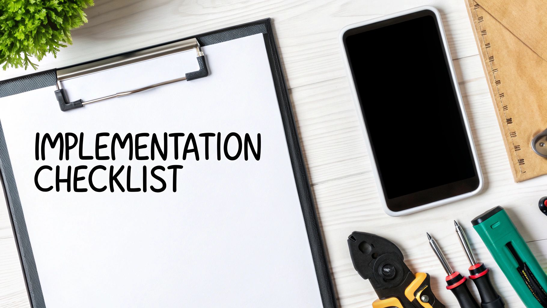Best Field Management Software Tackon FSM in The Best Field Service Management Software for Small Business 4 Flat lay with an 'IMPLEMENTATION CHECKLIST' on a clipboard, smartphone, tools, and plant on a white wooden desk.