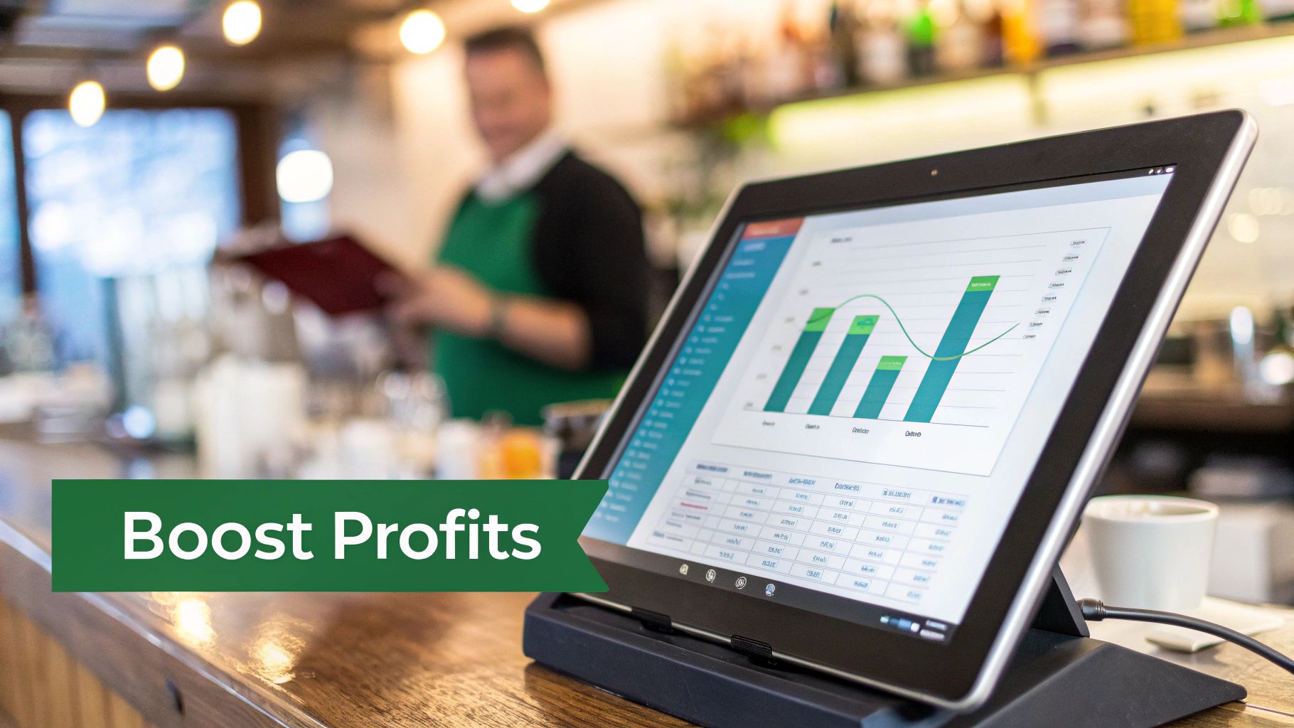 A tablet displaying business profit graphs and data on a counter, with a blurred person in a green apron.