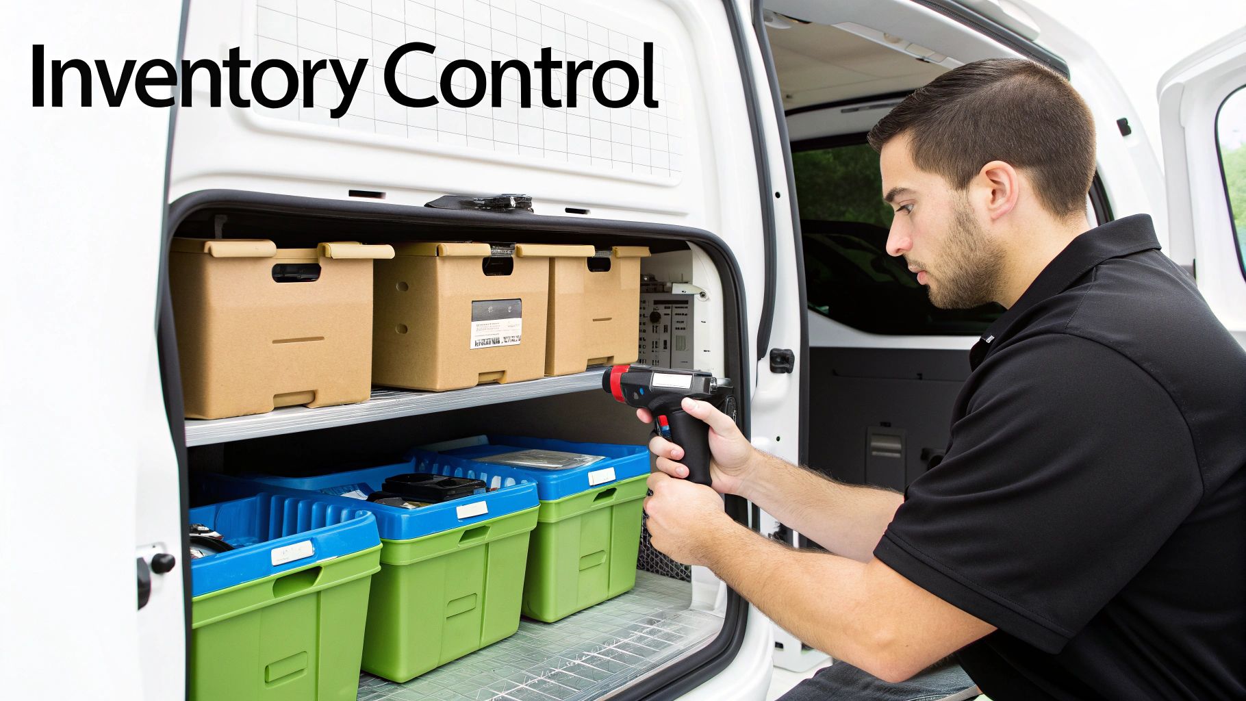 A man scans items on shelves inside a work van, demonstrating mobile inventory control.