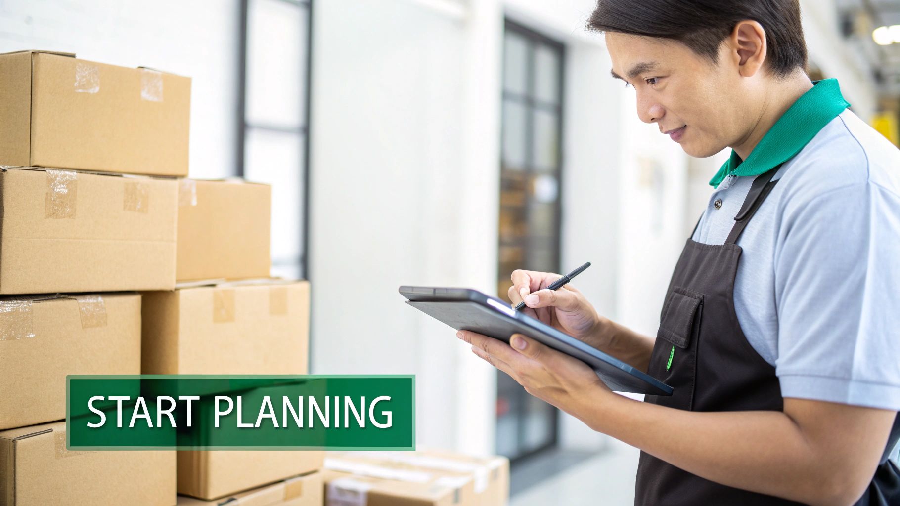 Asian man in apron uses a tablet near stacked cardboard boxes, indicating inventory or logistics planning.