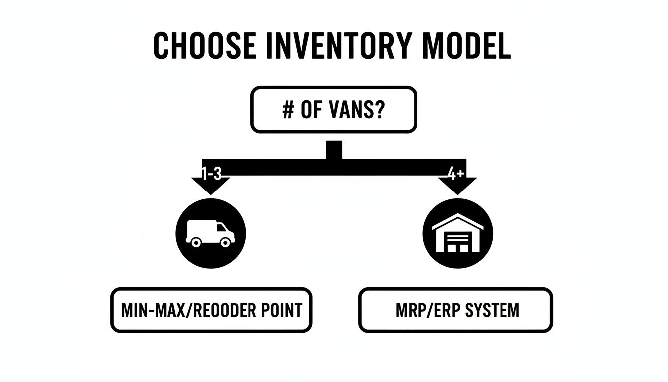 Flowchart for choosing an inventory model based on the number of vans: 1-3 suggests Min-Max, 4+ suggests MRP/ERP.