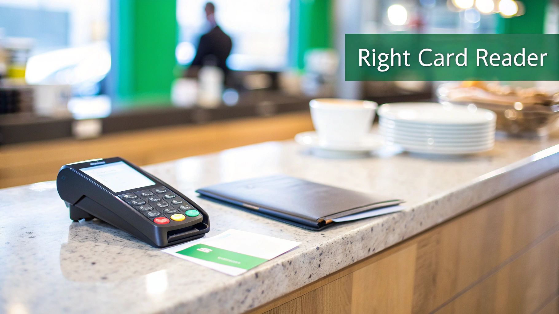 A black contactless card reader on a granite counter in a bright cafe setting.