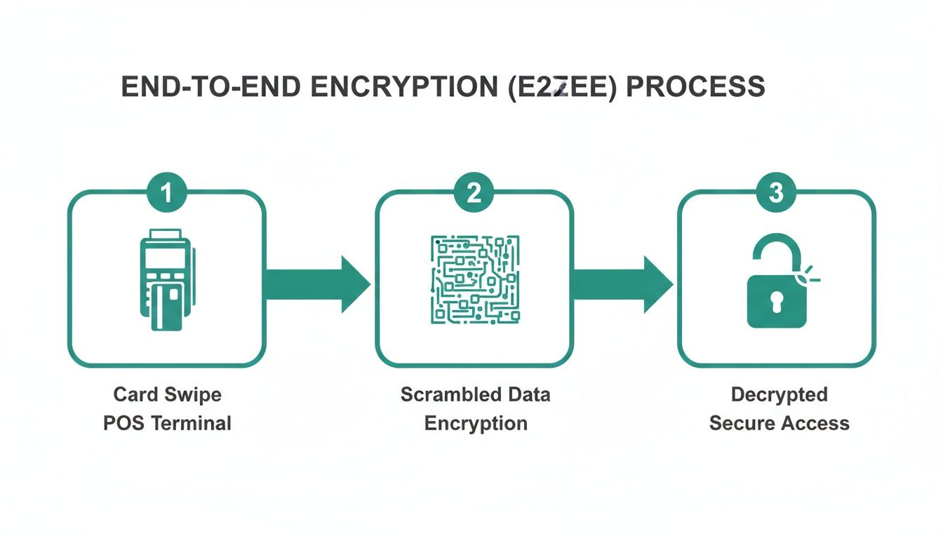 Visual explanation of end-to-end encryption from POS terminal, to scrambled data, to decrypted access.