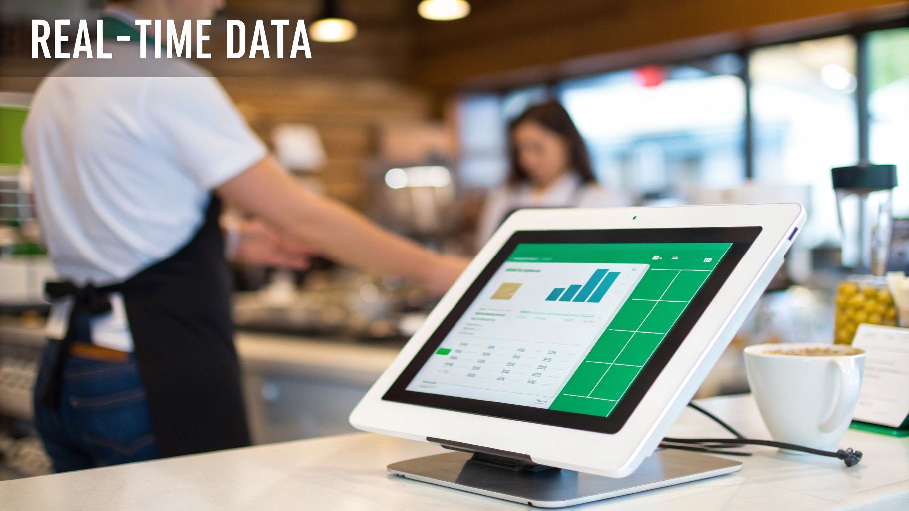 A tablet displays real-time business data in a modern restaurant or coffee shop setting.