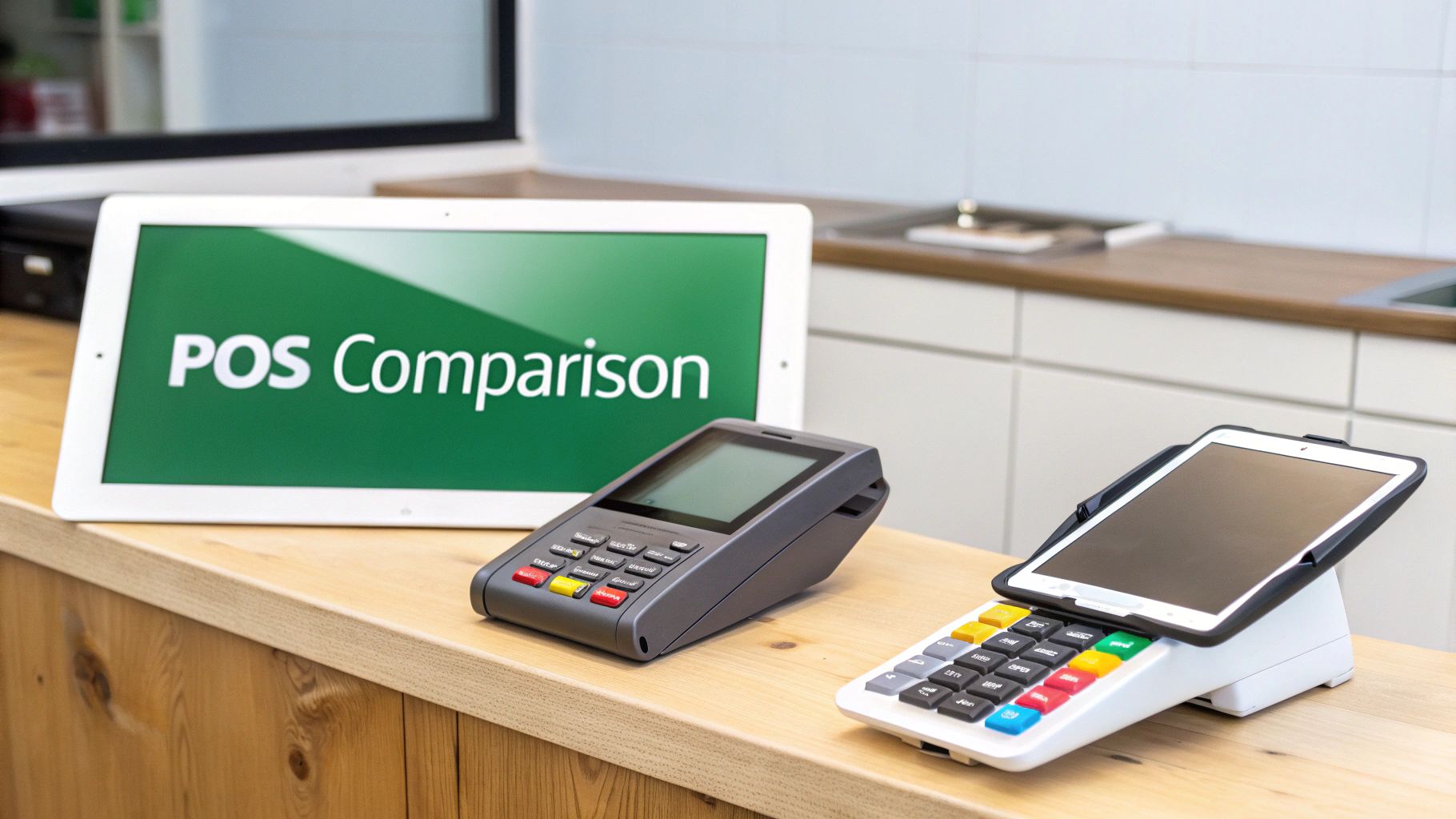 A white tablet displaying 'POS Comparison' next to two modern payment terminals on a wooden counter.