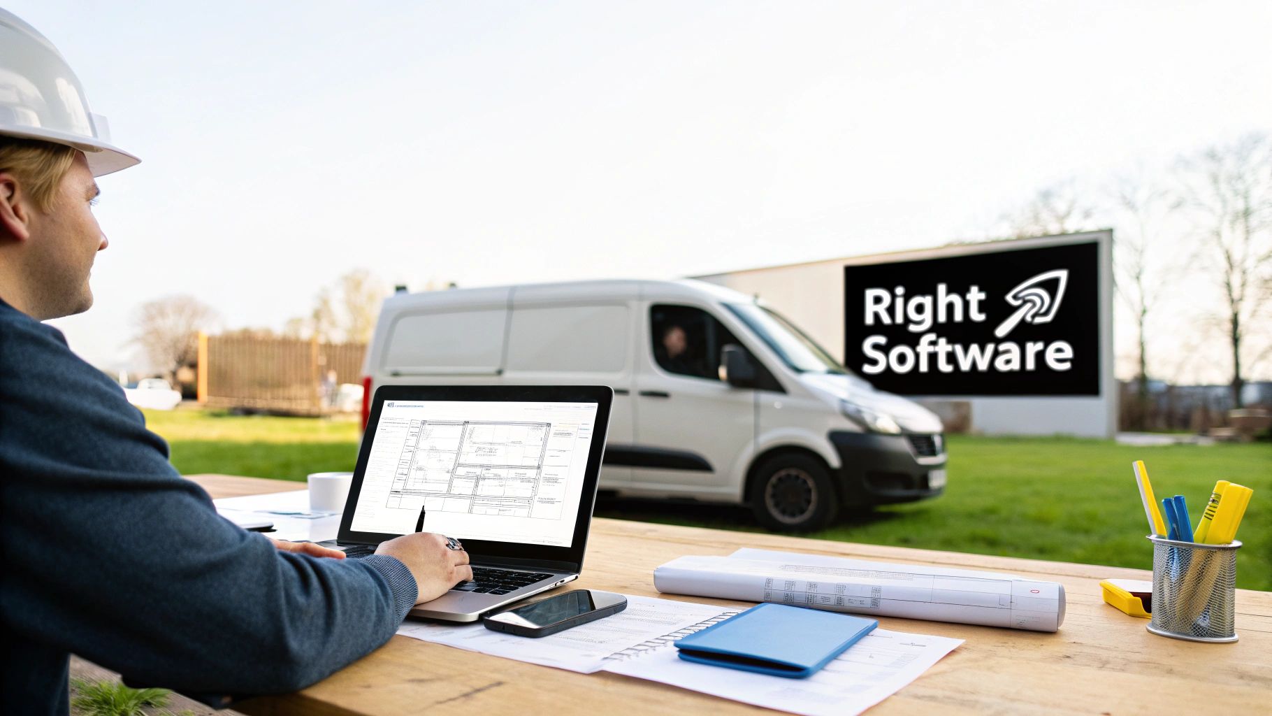 Best Field Management Software Tackon FSM in Finding the Best Software for Electrical Contractors 2 A construction worker in a hard hat reviews building plans on a laptop outdoors, with a 'Right Software' billboard in the background.