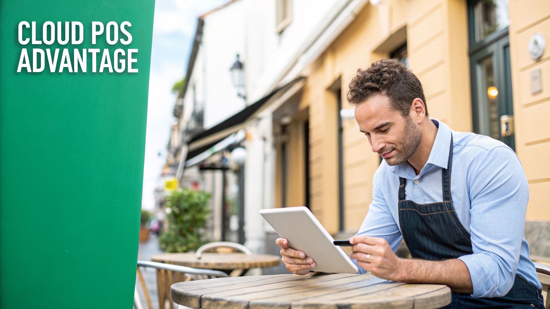 Man in apron using a tablet at an outdoor cafe with 'Cloud POS Advantage' text.