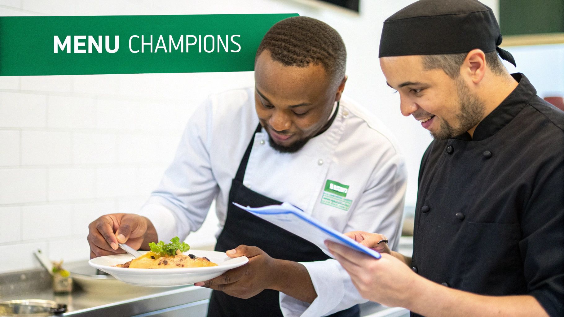 A restaurant team having a pre-shift meeting, discussing the menu