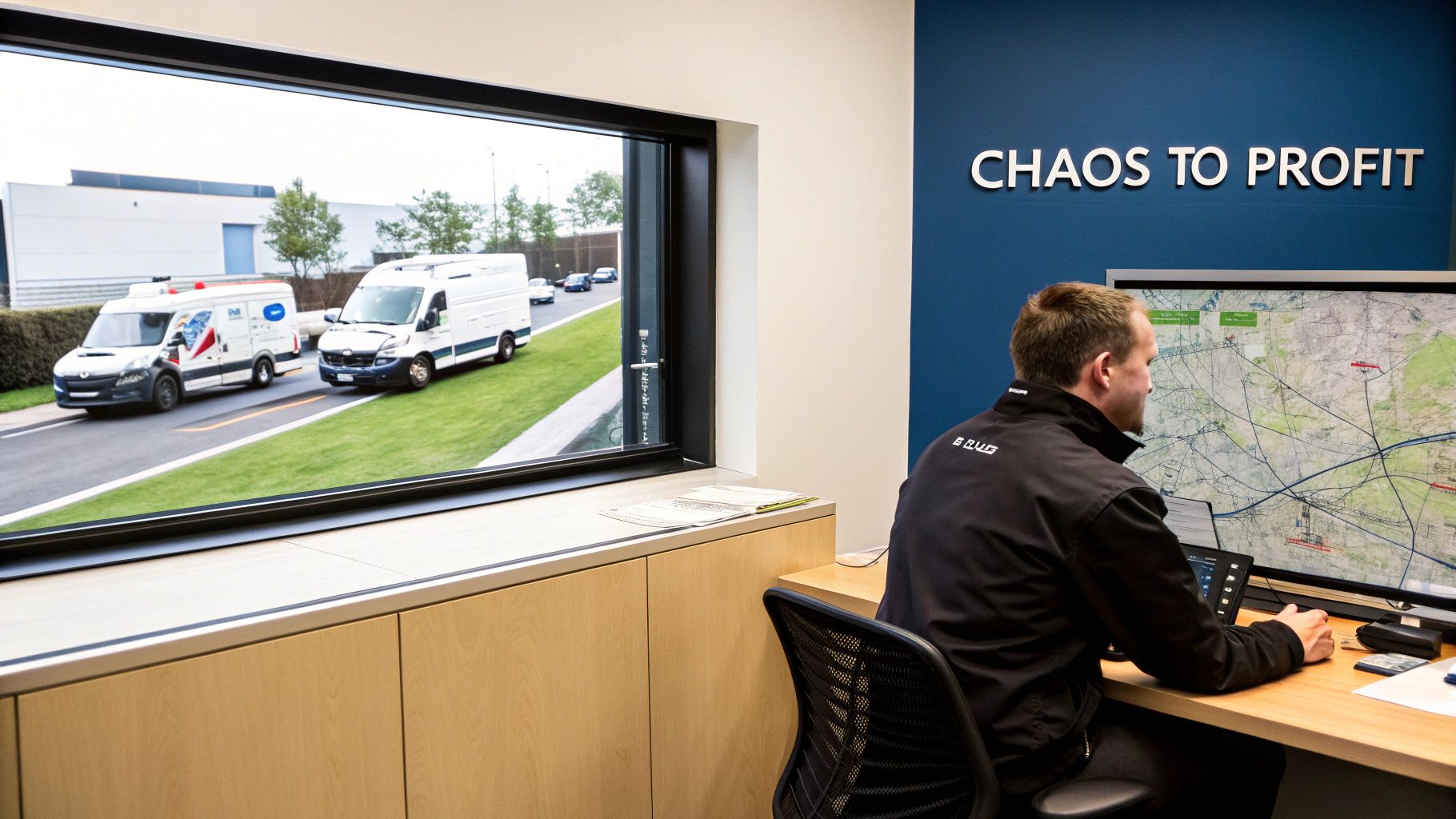 Logistics professional monitoring vehicle routes on a large map display, with delivery vans visible outside the window.