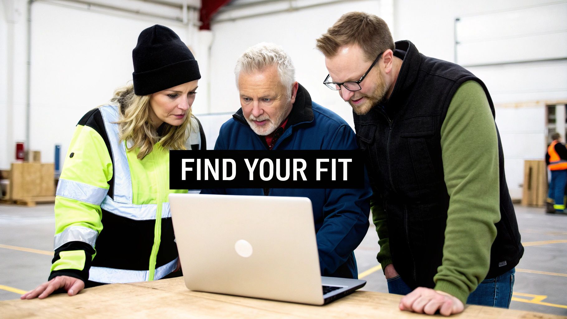 Three workers in a warehouse looking at a laptop with 'FIND YOUR FIT' text overlay.