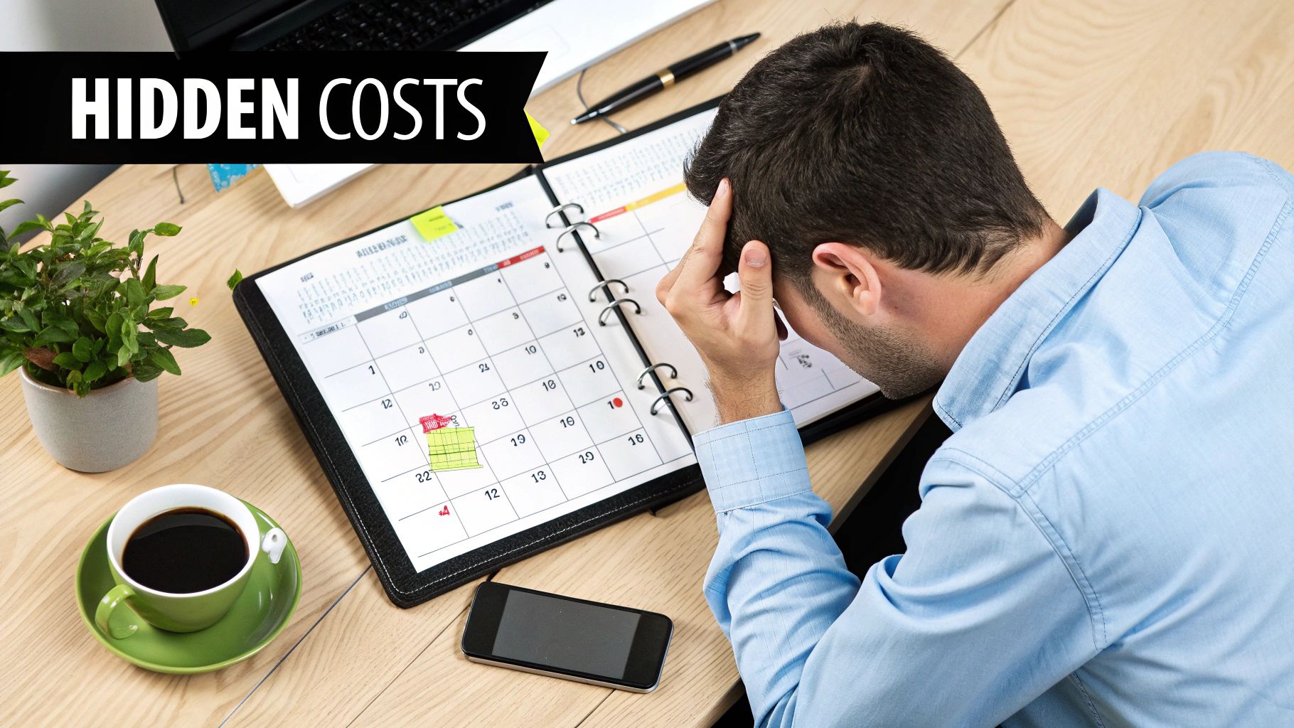 Best Field Management Software Tackon FSM in Free Field Service Management Software: Your Quick Guide to the Right Solution 3 Stressed man with head in hands at a desk, looking at a calendar with 'HIDDEN COSTS'.