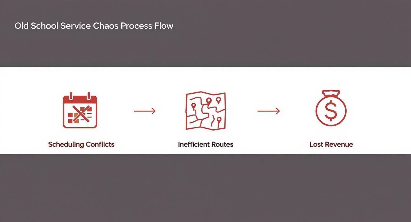 Best Field Management Software Tackon FSM in benefits of field service management software: Drive efficiency and growth 2 A flow diagram illustrating old school service chaos: scheduling conflicts, inefficient routes, and lost revenue.