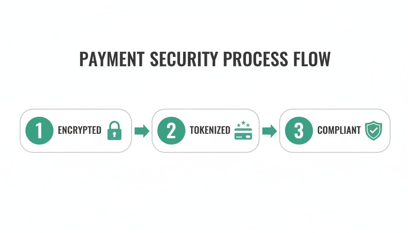 A payment security process flow diagram showing three steps: encrypted, tokenized, and compliant.