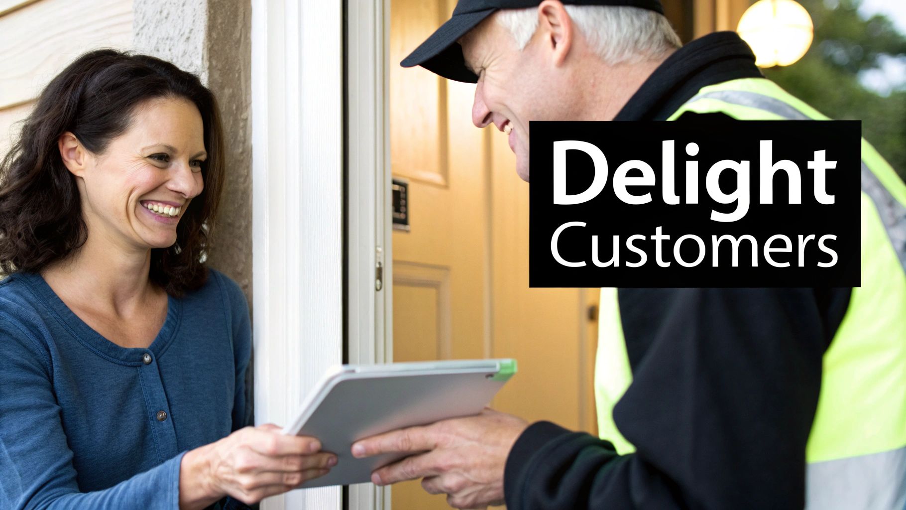 Best Field Management Software Tackon FSM in How to Scale a Service Business From 2 to 20 Trucks 4 A smiling woman accepts a tablet from a delivery person, symbolizing excellent customer service.
