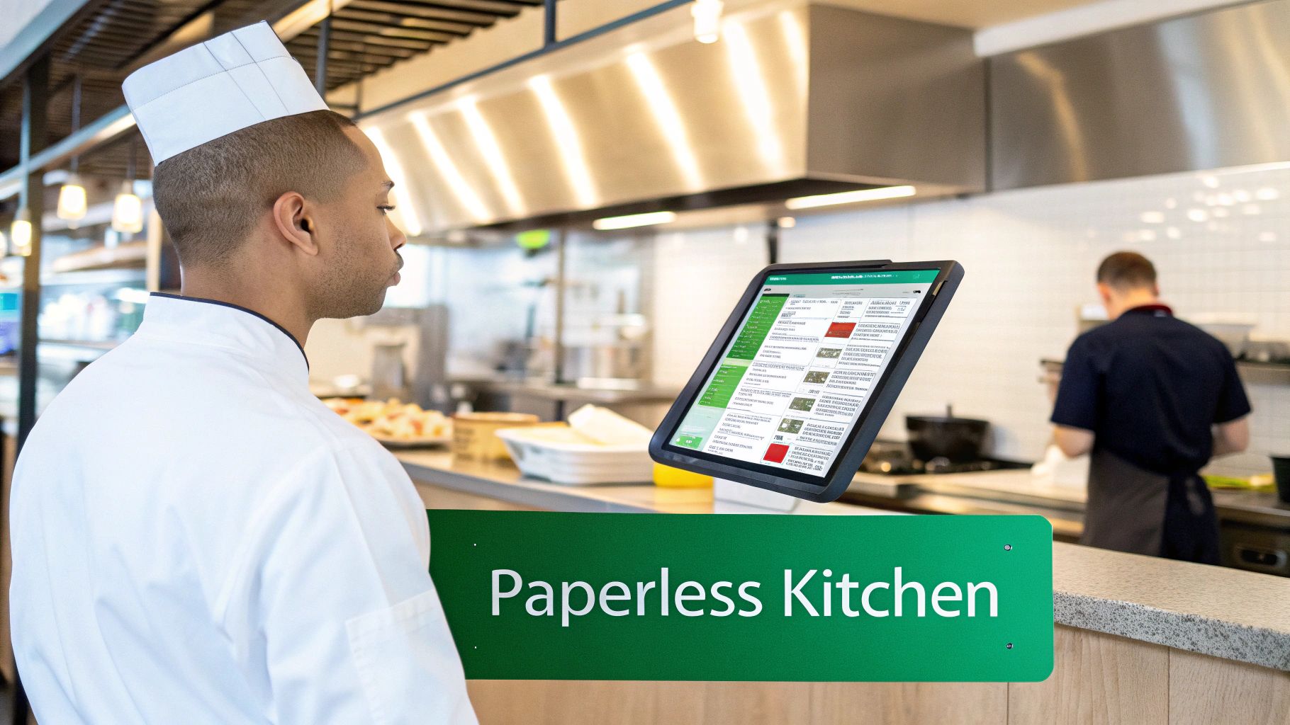 A chef in a white uniform uses a digital kitchen display system, with a 'Paperless Kitchen' sign.