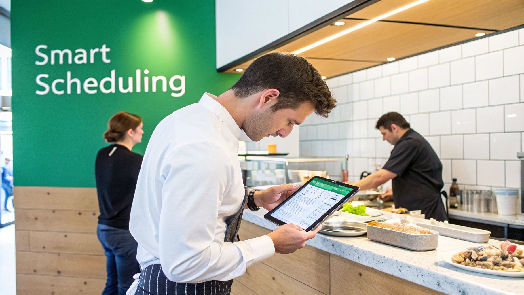 A man in a chef's uniform uses a tablet in a modern kitchen with a 'Smart Scheduling' sign.