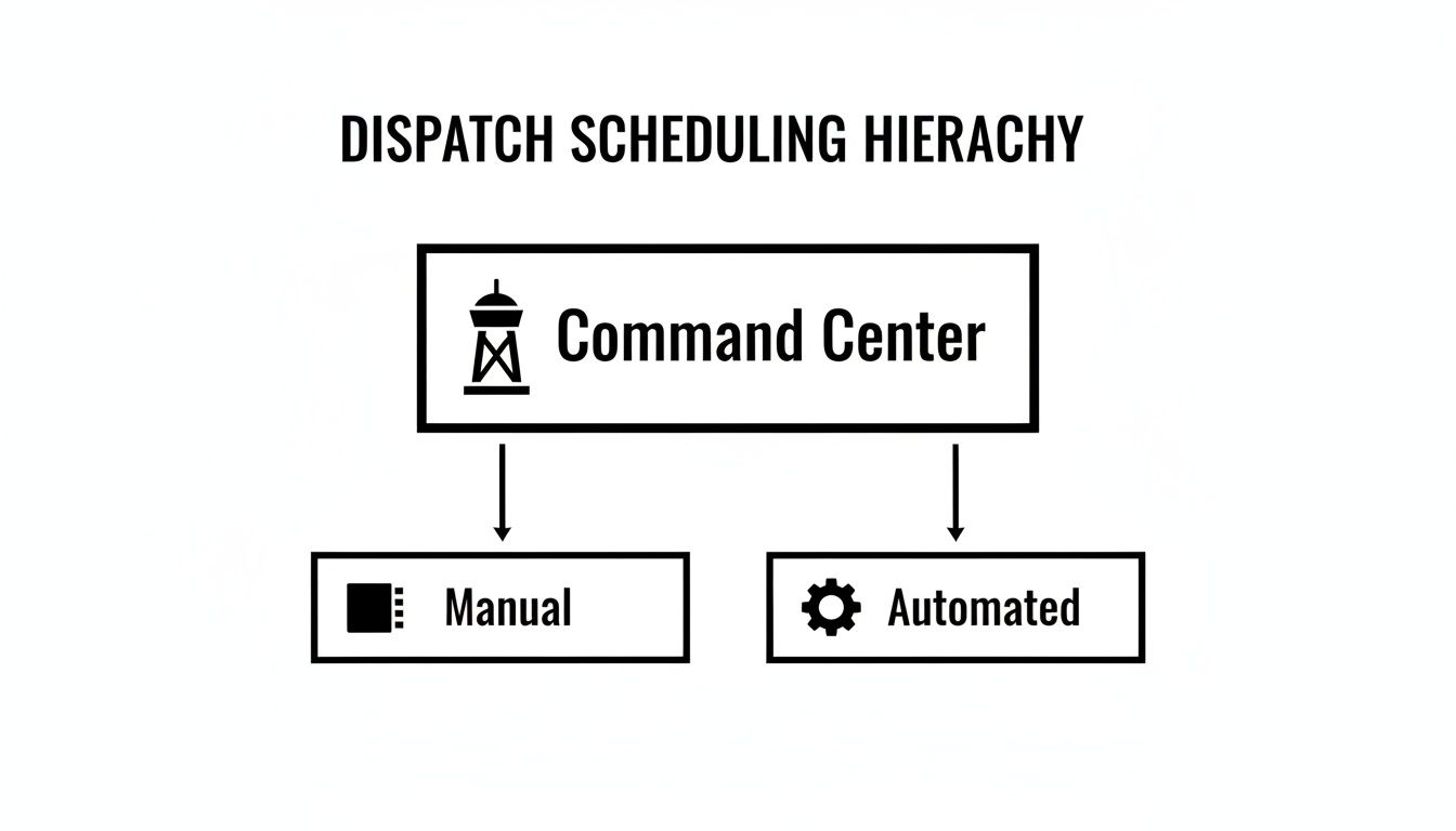 A flowchart depicting the dispatch scheduling hierarchy with a Command Center at the top, leading to Manual and Automated methods.