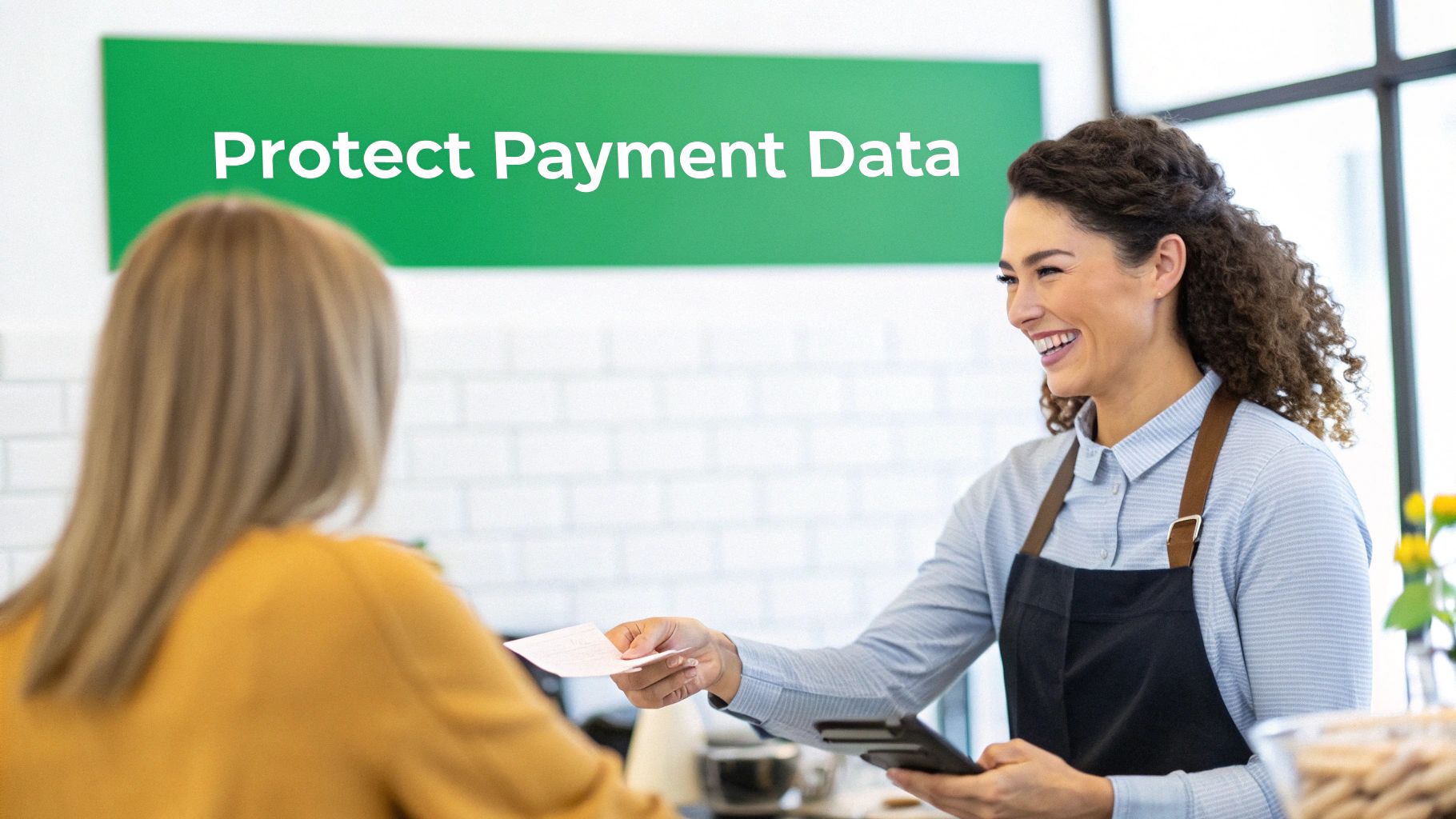 Smiling cashier hands a payment receipt to a customer in a bright store.