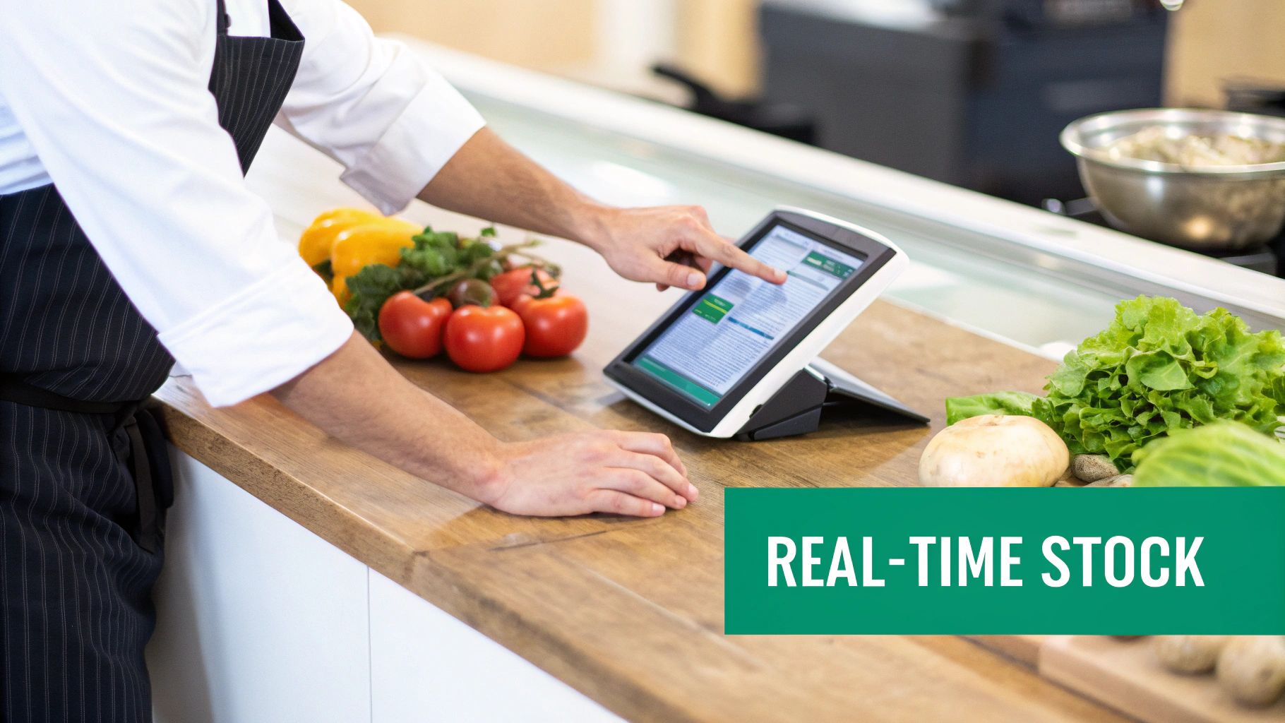A chef uses a tablet for real-time stock management of fresh vegetables on a kitchen counter.