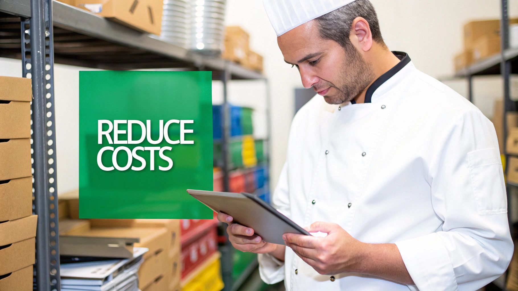 A chef in a storage area is reviewing data on a tablet, with a 'REDUCE COSTS' graphic overlay.