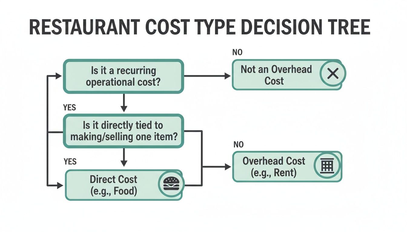 A decision tree diagram illustrating how to classify restaurant costs as direct, overhead, or not overhead.