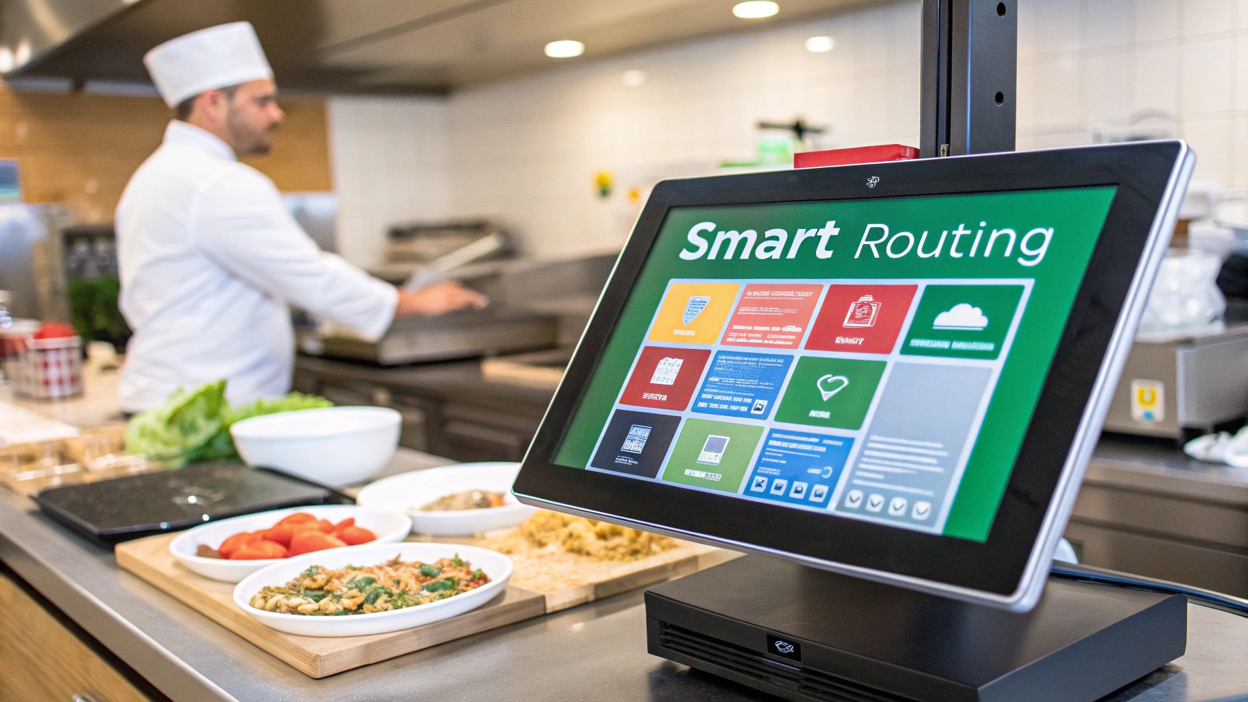 A chef works in a modern kitchen with prepared food, while a 'Smart Routing' digital display system is visible in the foreground.