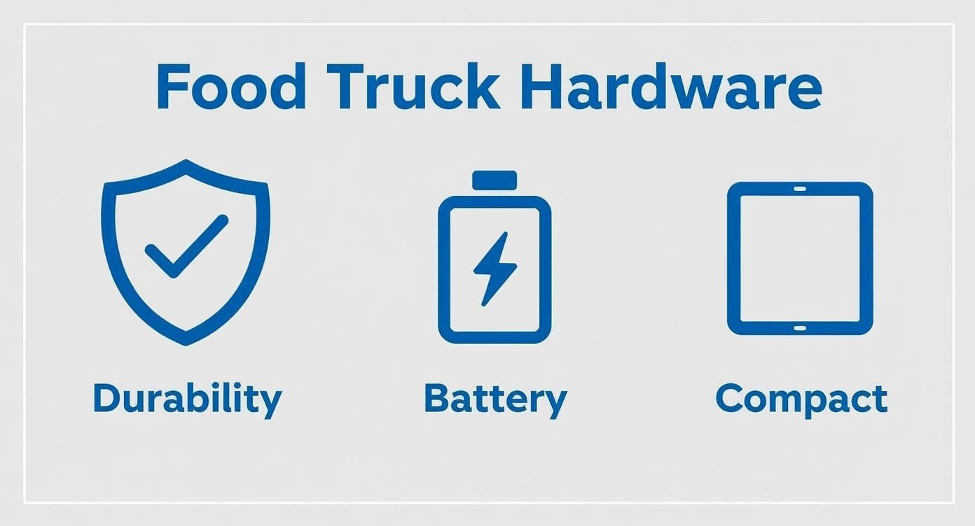 Graphic showcasing essential food truck hardware features: durability, long battery life, and a compact design.