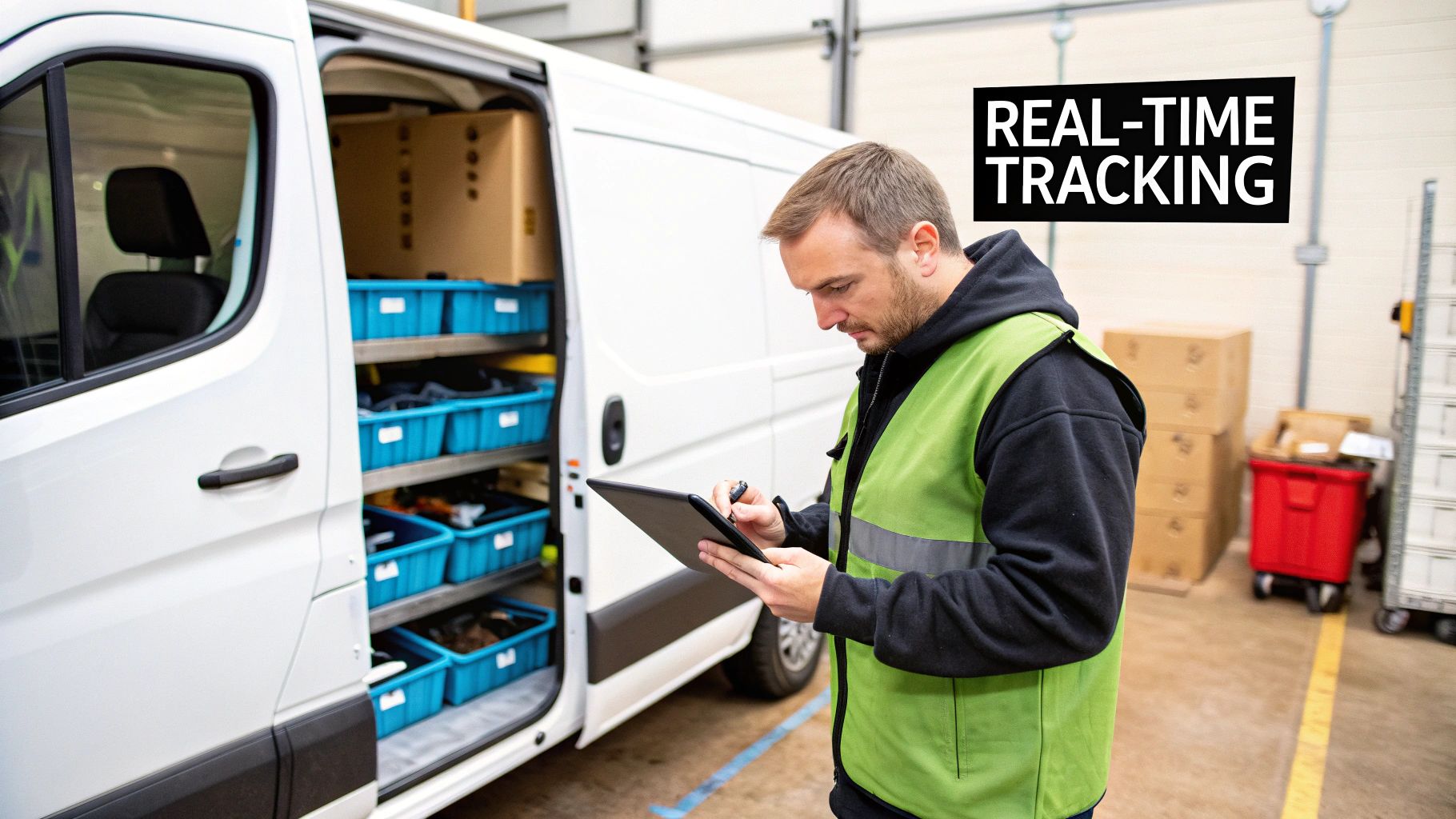 Best Field Management Software Tackon FSM in Small Business Inventory Control System A Path to Higher Margins 3 A delivery driver in a vest uses a tablet to manage inventory inside a white van, with 'REAL-TIME TRACKING' text overlay.