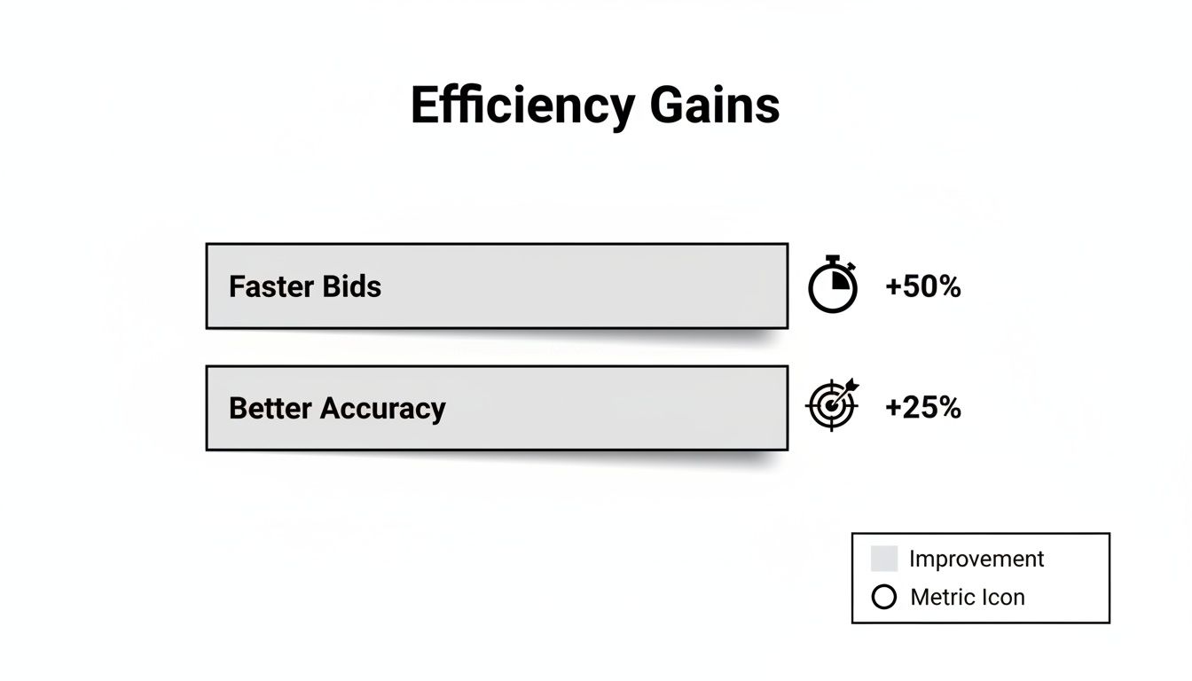 Best Field Management Software Tackon FSM in Finding the Best Plumbing Estimating Software for Your Business 4 Graphic illustrating business efficiency gains for faster bids and improved accuracy metrics.